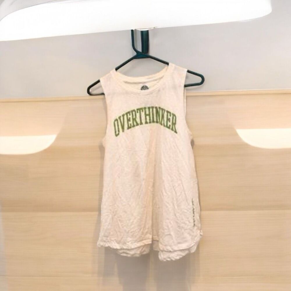 NWT See The Way I See Womens Cream Graphic Tank Top Size Small Overthinker & Tha